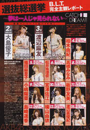 
AKB48,


Itano Tomomi,


Kashiwagi Yuki,


Kojima Haruna,


Magazine,


Matsui Jurina,


Miyazawa Sae,


Oshima Yuko,


Shimazaki Haruka,


Shinoda Mariko,


Takahashi Minami,


Watanabe Mayu,


Watanabe Miyuki,


Yokoyama Yui,

