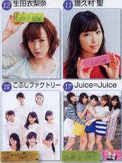 
Fujii Rio,


Fukumura Mizuki,


Hamaura Ayano,


Hirose Ayaka,


Ikuta Erina,


Inoue Rei,


Juice=Juice,


Kanazawa Tomoko,


Kobushi Factory,


Magazine,


Miyamoto Karin,


Miyazaki Yuka,


Nomura Minami,


Ogawa Rena,


Taguchi Natsumi,


Takagi Sayuki,


Uemura Akari,


Wada Sakurako,

